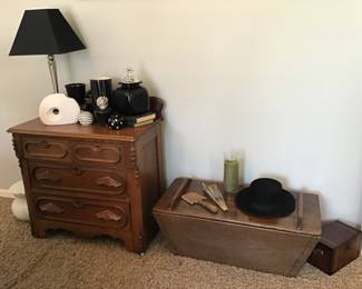 Large dough box with lid, antique nice 4 drawer walnut cabinet 