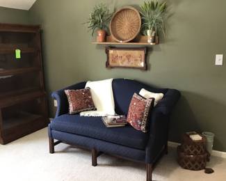 Navy clean settee,pillows,wall shelf,antique art