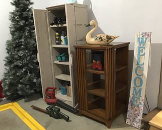 Christmas tree,oak bookcase, garage cabinet