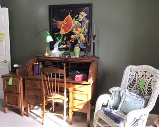 Roll top desk, 2 drawer oak file cabinet