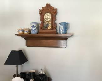Large walnut shelf with antique clock