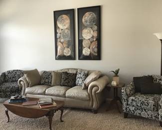 Thomasville leather sofa, coffee table, 2 black/cream chairs