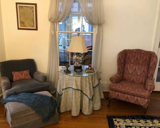 Blue velvet chair and ottoman by Hickory 