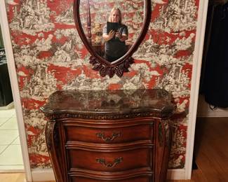 Marble Top 3 Drawer Dresser - Grape Motif Mahogany Mirror