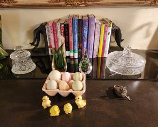 Lots of Books - Still Working on that area - Eggs for Easter - Antique Cambridge Candy Dish - Crystal Candy Dish