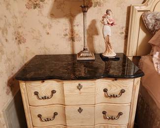 Marble Top French Provincial 3 Drawer Nightstand 