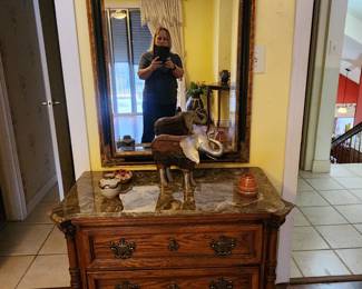 Marble Top Antique 3 Drawer Dresser - Gold Gilded Ebony Mirror