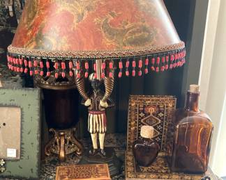 Vintage Blackamoor lamp with beaded trim;  small decorative boxes
