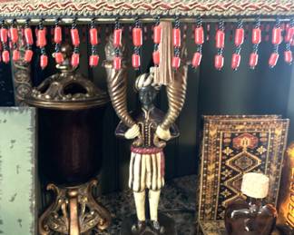 Vintage Blackamoor lamp with beaded trim;  small decorative boxes