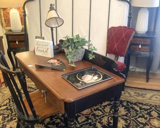 Writing desk; full  black metal headboard