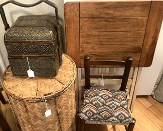 Baskets; TV trays; child's chair