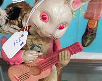 Old Celluloid Rabbit Playing Guitar with Toy Inside