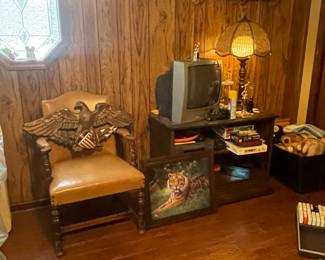 Leather side chair, bookshelf and misc