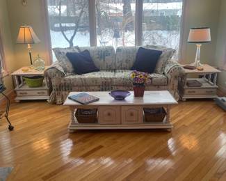 Norwalk Sofa. Great condition. White washed end tables/coffee table