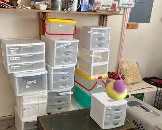 Supply and storage bins.  Neat green trunk. Dog carrier and doggy supplies.