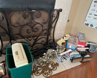CDs, DVDs, 8-tracks, cassettes.  Architectural pieces, firescreen, and paper shredder.