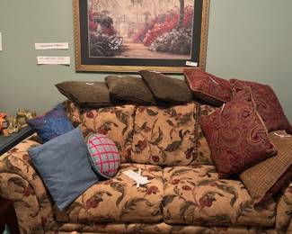 Gorgeous loveseat.  Beautiful unused condition.  Larger sofa added to sale.  Pillows galore.   THESE SOFAS REDUCED SATURDAY TO $100 EACH!