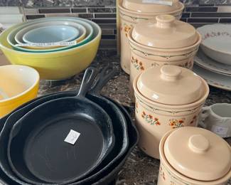 Cast iron skillets and a 4-piece canister. CORNBREAD SOLD