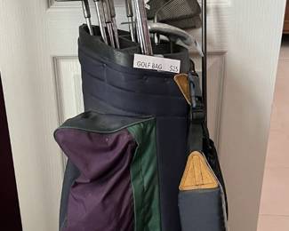 Golf bag and clubs.