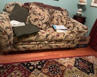 PRISTINE LOVESEAT WITH THREE CUSHIONS. ORIENTAL STYLE RUG.  WE ADDED A LARGE MATCHING SOFA.    THESE ARE REALLY PRISTINE AND STYLISH.  REDUCED TO $100 EACH!!!