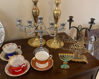 Baldwin candlesticks, Menorahs and decorative porcelain cups and saucers