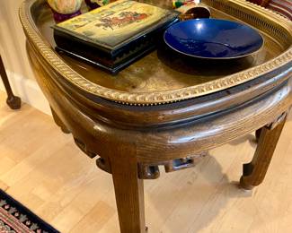 Asian style side tray table.  Metal tray fits into top of table.
