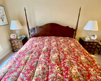 Henredon King size bedroom set excellent condition.  All wood pieces have protective glass tops.  King size bed, headboard and footboard poster bed, two nightstands, dresser, mirror and chest of drawers