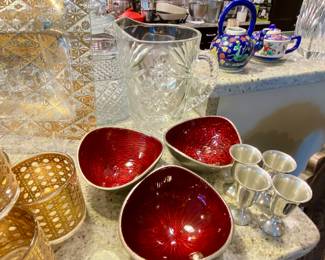 Glass pitcher, serving ware, Vintage set of old fashioned glasses