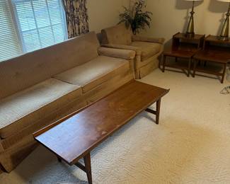 Sofa and chair with coffee table and end tables. Mid century modern in great shape