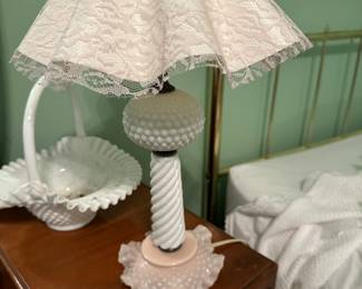 # 2 Mid Century Milk Glass Hobnail lamp with pink base