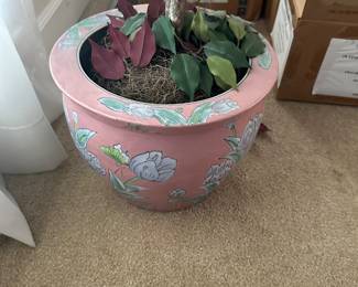 Large vintage pink chinoiserie ceramic fishbowl planter