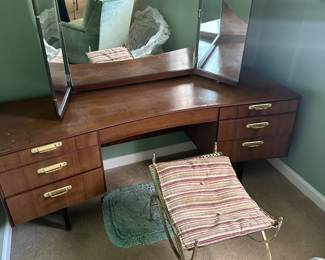 Mid-century modern dressing table with tri-fold mirror