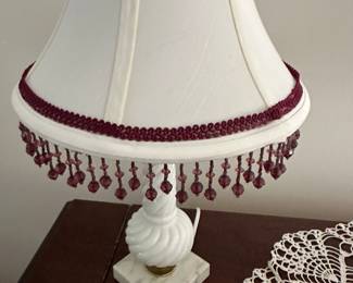 Milk glass lamp with amethyst beaded shade