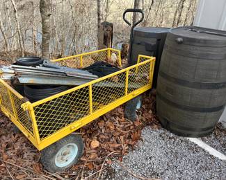 Metal cart and rain barrels