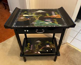 Black lacquer inlaid Asian musical side table with drawer.....