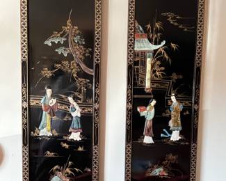 Black lacquer inlaid Asian wall panels