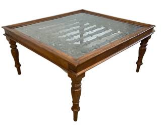 Glass Table With Wooden Base And Stone Wrought Iron Look Design