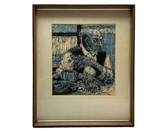 Framed Blue And Black Illustration 18x22