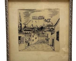 Framed Vintage Village Sketch - 11x10