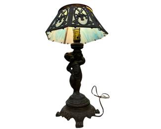 Blue Slag Glass Metal Lamp With Cherub Base