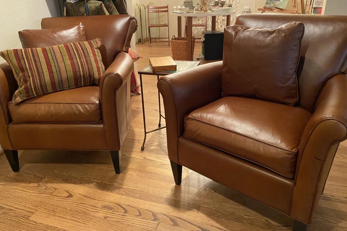 Set of Library Nutmeg Leather Chairs, Espresso legs and footstool by Crate Barrel, The Vintage Collection