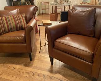 Set of Library Nutmeg Leather Chairs, Espresso legs and footstool by Crate Barrel, The Vintage Collection