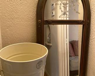 Antique etched mirror and Restoration Hardware Flower Bucket