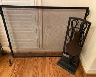 Fireplace screen black wrought iron and fireplace tools