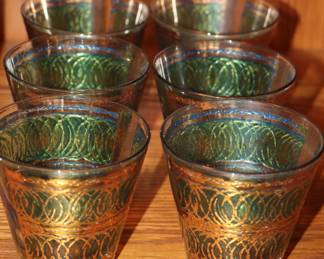 6 MCM Georges Briard Green/Gold/Blue Low Ball Drinking Glasses