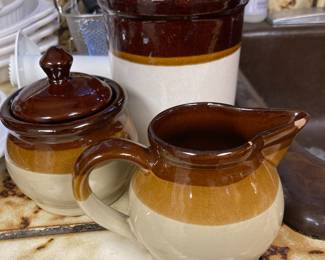 Brown/Cream Stone Ware Creamer, Sugar & Utensil Holder