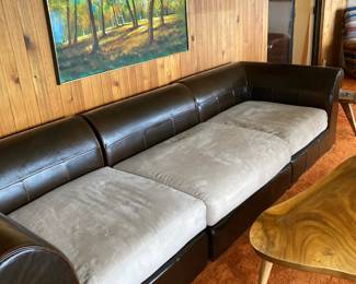 Brown Leather Couch with Tan Microfiber Cushions
