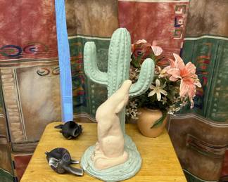 Pastel Colored Coyote With Cactus Statue Figurine