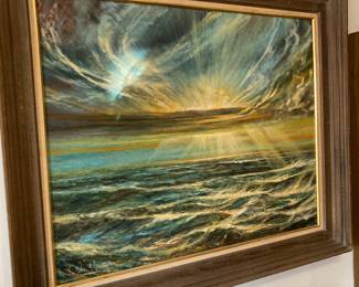 Framed Oil Painting of Sunset Over the Ocean by Eric Chase