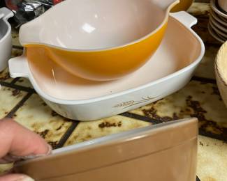 Pyrex Yellow Cinderella Handled Small Mixing Bowl, Pyrex Yellow Cinderella Small  Mixing Bowl, Pyrex Brown Small Mixing Bowl

